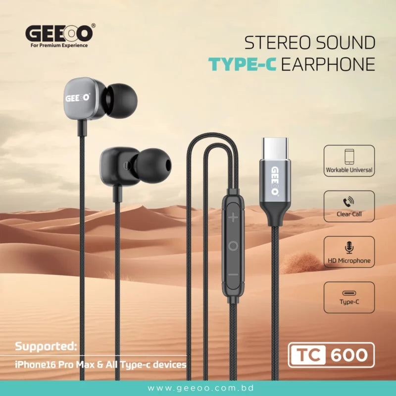GEEOO TC600 Type-C Ultra Bass Earphone – Black